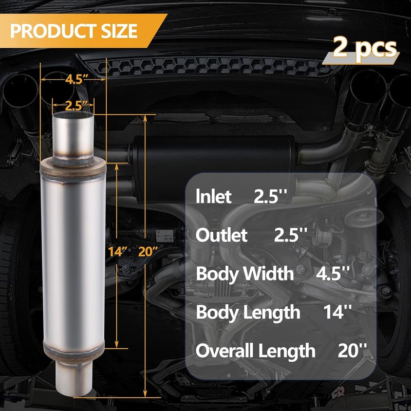 Piclafe 2.5 Inch Exhaust Muffler, 2.5" Inlet/Outlet 20" Overall Length Resonator, Stainless Steel Straight Through Design Performance Muffler, 2 PCS - Image 2